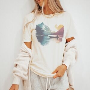 Mountain Lake Boat Graphic Tee Vintage Color Splash Retro Nature Art